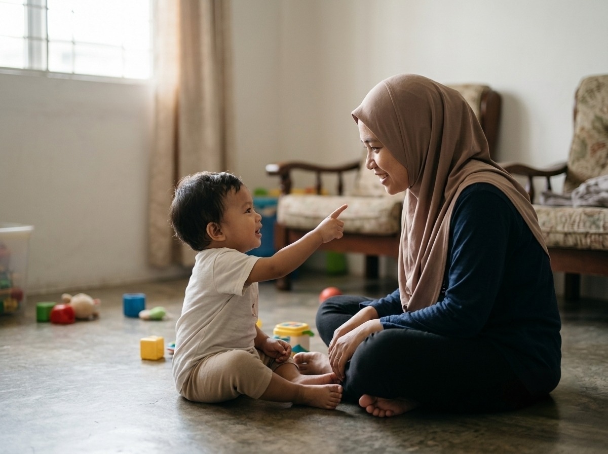 Seorang ibu bermain dengan anaknya di rumah